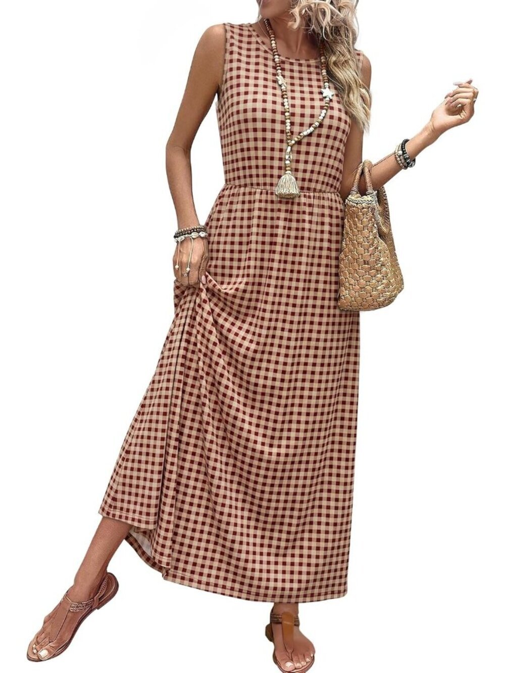 Women Brown Gingham Pull On A Line Sleeveless Sundresses Pockets Maxi Dresses